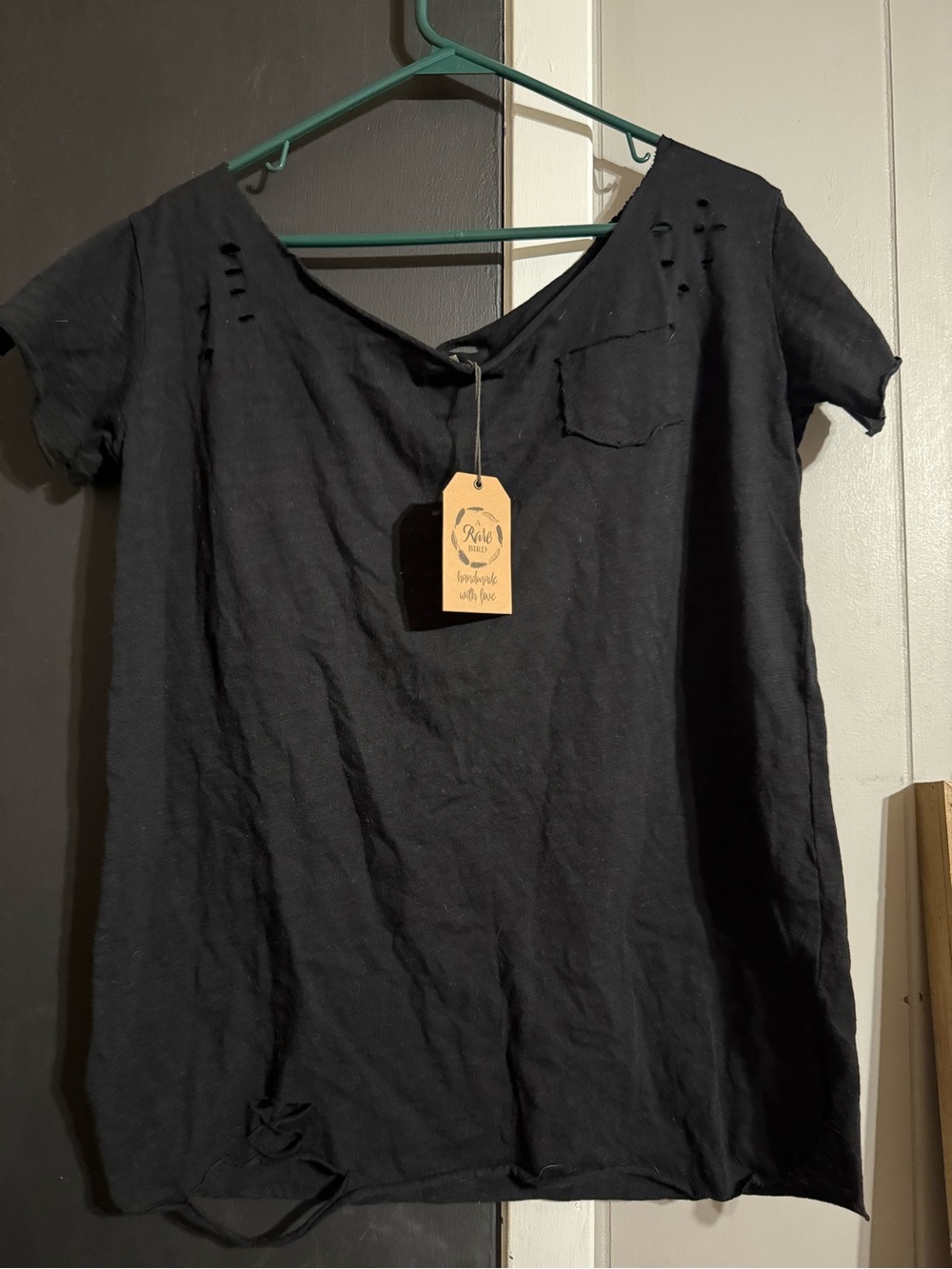 Rare bird-Black Short Sleeve Women’s Tee with Distressed Detail